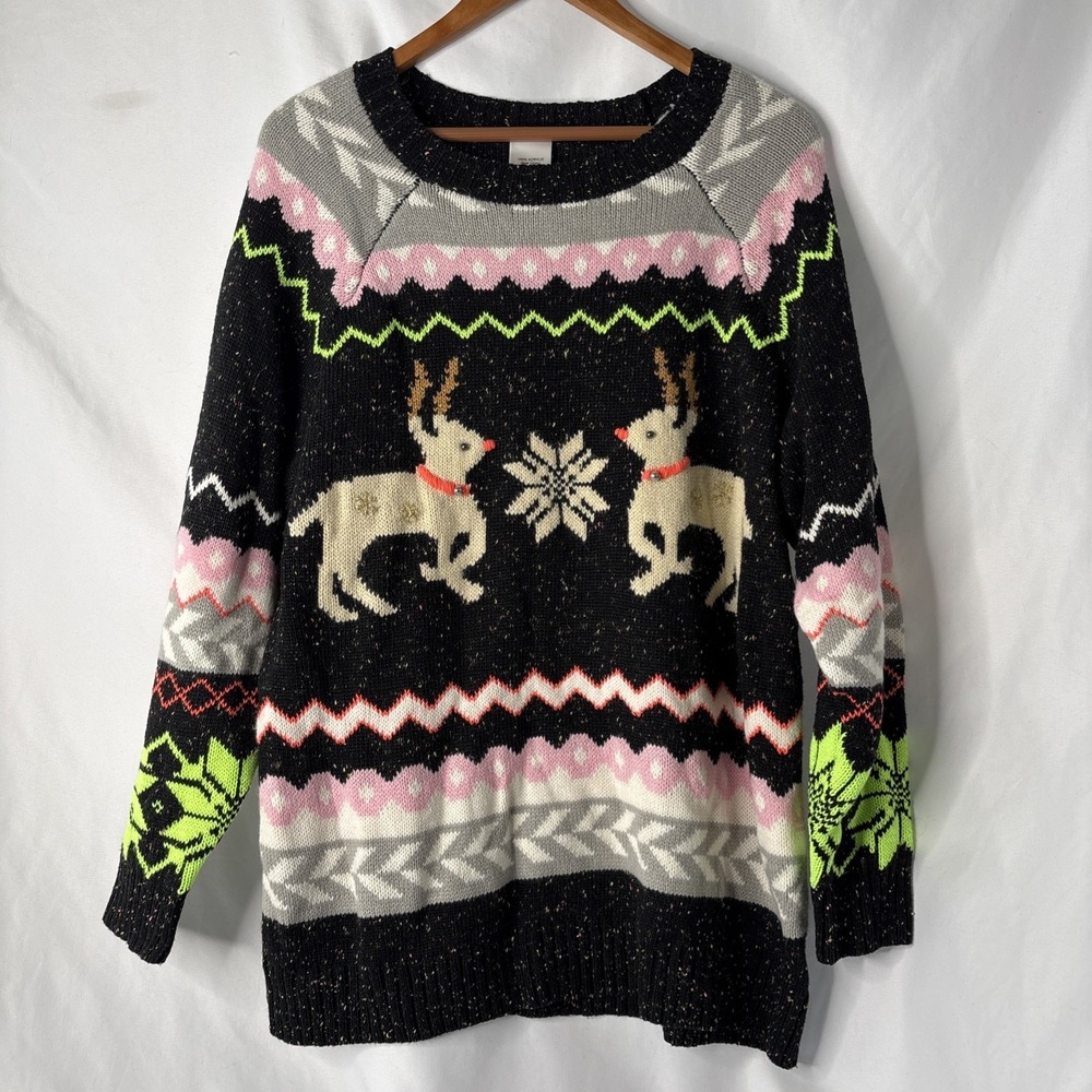 Ugly Christmas Holiday Sweater Women's XL Reindeer Snowflake Black Pink Pullover